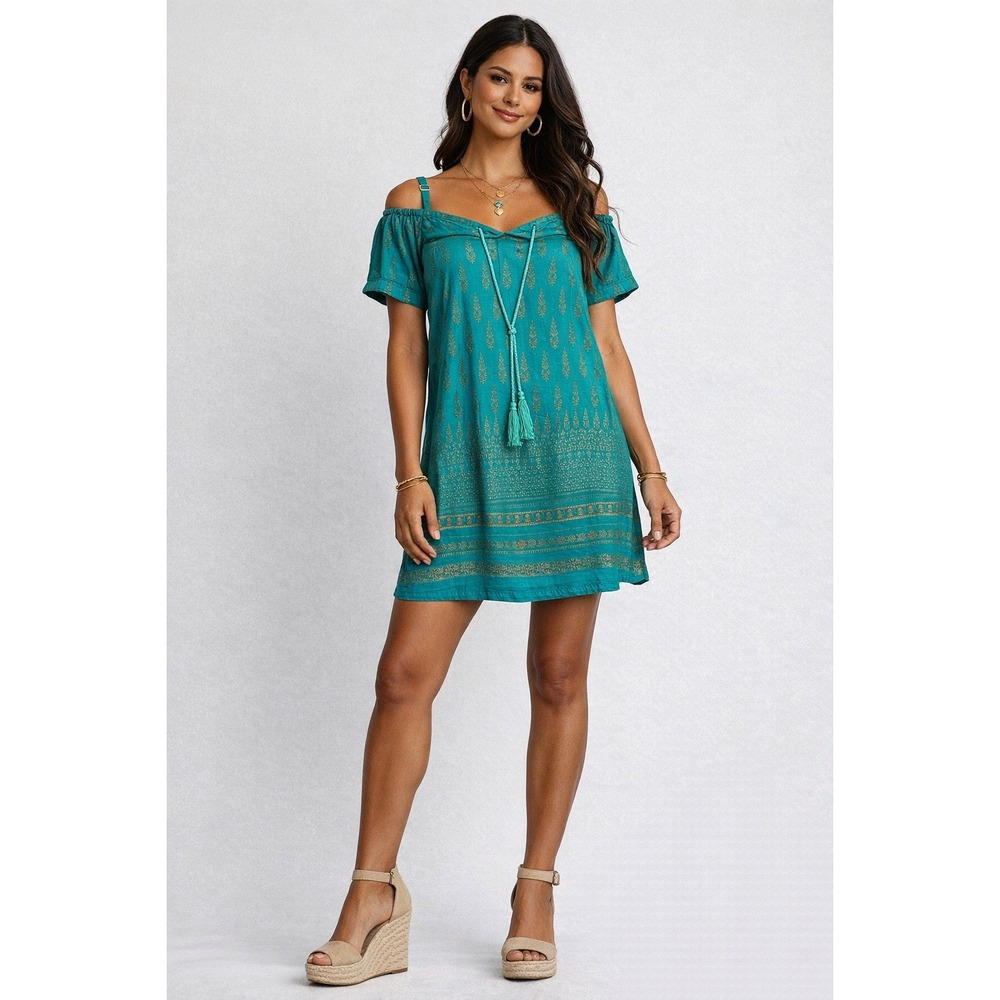 Lapogee Teal Boho Mini Dress Gold Print Tassel Tie Off Shoulder Womens Size M